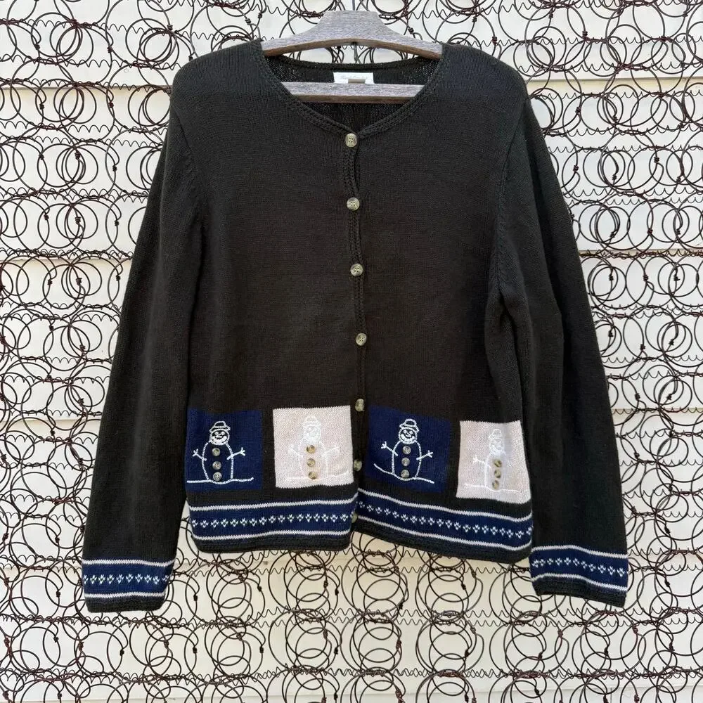 Y2K Christopher & Banks Hand Crochet Rustic Snowman Winter Christmas Cardigan XL